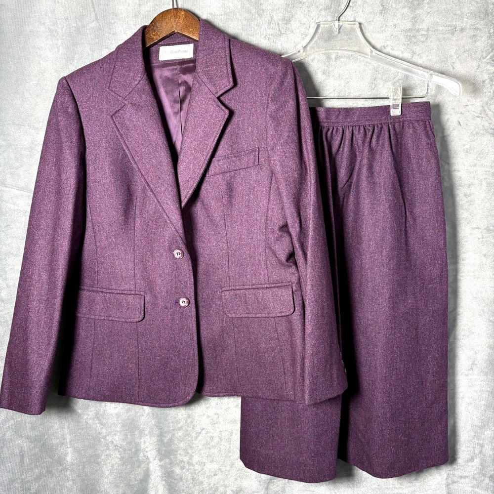 Vtg Evan Picone Womens Suit Wool Blend Skirt Blazer Eggplant‎ Academia Career  8